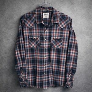 Ariat Retro Fit Shirt Mens Large Gray Red Plaid Western Pearl Snap Rodeo Cowboy